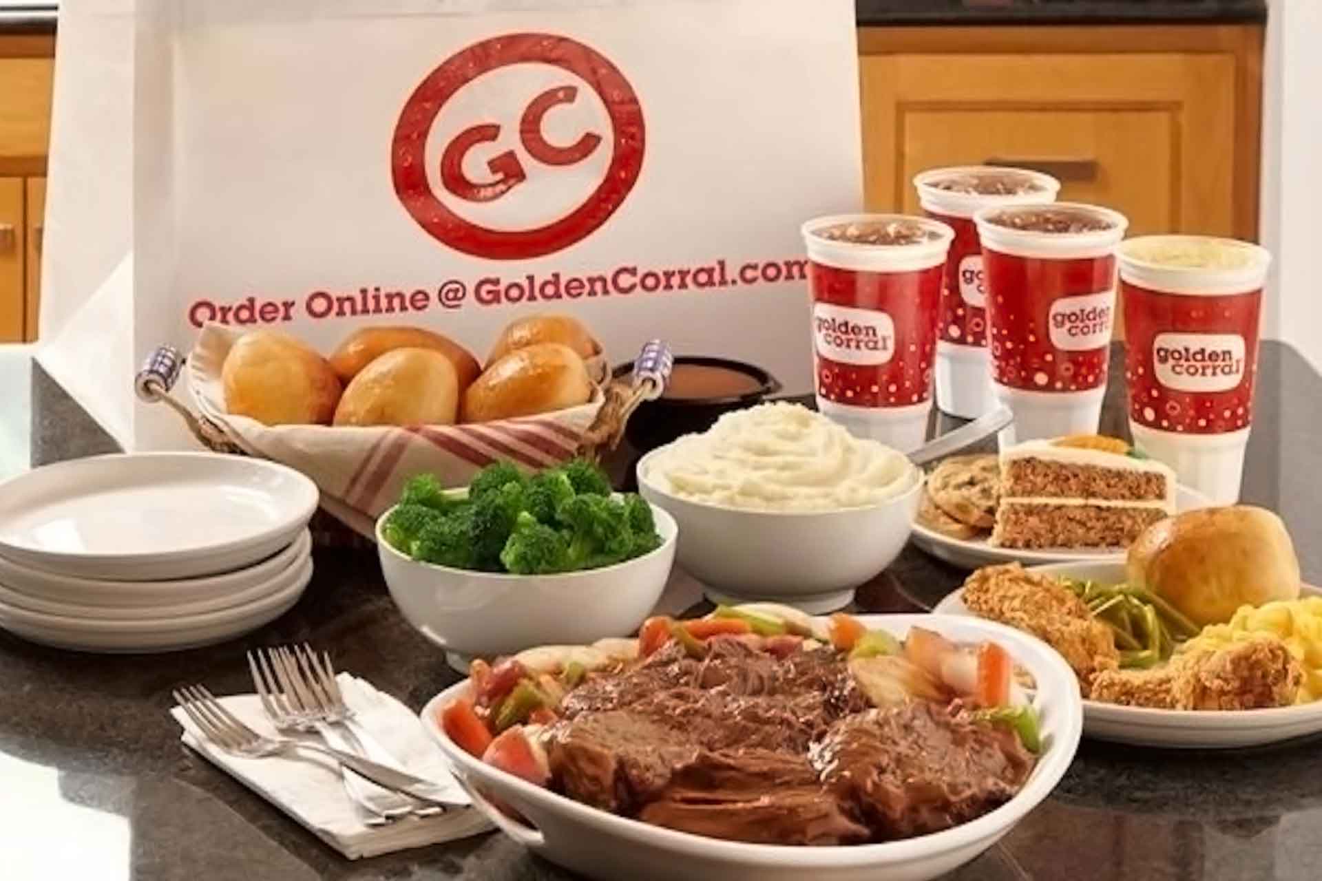Photo of Golden Corral food and drinks in front of take out packaging